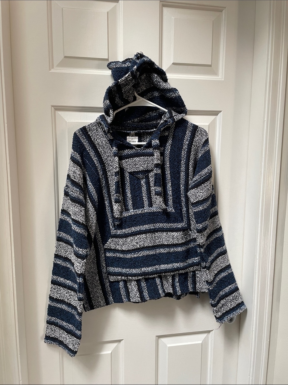 O'Neill Navy and Cream Striped Hooded Poncho Sweater